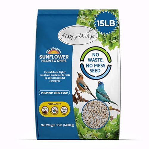Happy Wings 15LB Sunflower Heart & Chips (Kernels) Wild Bird Food, No Waste | No Mess Feeding, High in Oil & Protein, High Fat & Energy Content, USDA & BRC-GS Approved, Cardinals, Chickadees, Finches - size: 15 Pound (Pack of 1)