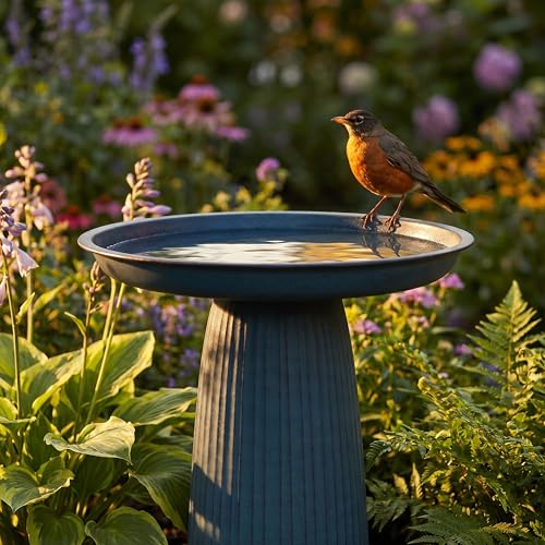 Sunnydaze Modern Bird Bath for Outside, Iron, 23” H, Matte Blue | UV & Rust-Resistant Matte Finish, Durable Iron,1 Gal Water Cap, Outdoor Birdbath for Garden, Pedestal Bird Bath with Bowl - color: Matte Blue