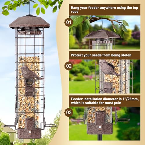 Squirrel Proof Bird Feeder for Outdoors Hanging, Metal 3LB Feeder | Weight activated gravity protection metal feeder with 4 ports for wild birds, chew proof hanging birdfeeder for cardinals