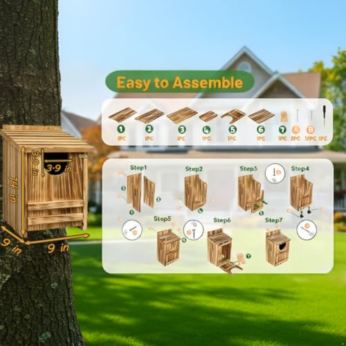 Carbonized Pine Owl Nesting Box, Outdoor Owl House 14"x9"x9" | Owl box with wood shavings, easy install. Natural wood, practical gift for bird and wildlife lovers.