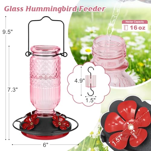 Glass Hummingbird Feeder for Outdoors Hanging, 16 oz Leak-Proof Nectar Feeder with Bee Guards & Ant Moat, 4 Metal Flower Feeding Ports, 360° Perch Ring, Easy Refill & Clean, Pink - color: Pink