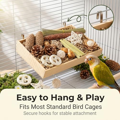 Natural Parrot Foraging Chew Box Toy for Small Medium Parakeets | Shredding molar cage accessory with pine cones, rattan balls & loofah slices; interactive toy for conures, lovebirds