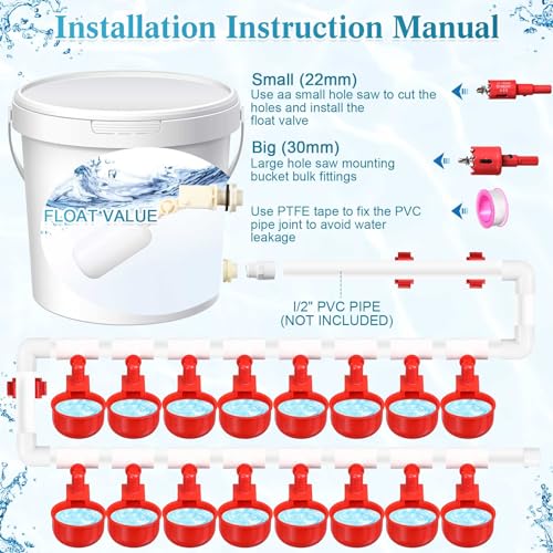 58 Pcs Automatic Chicken Waterer System Set, Chicken Watering System Kit with 16 Water Cups, 1/2" PVC Tee Fitting and Other Parts, Watering Complete Set for Turkey Duck Poultry Pigeon Quail