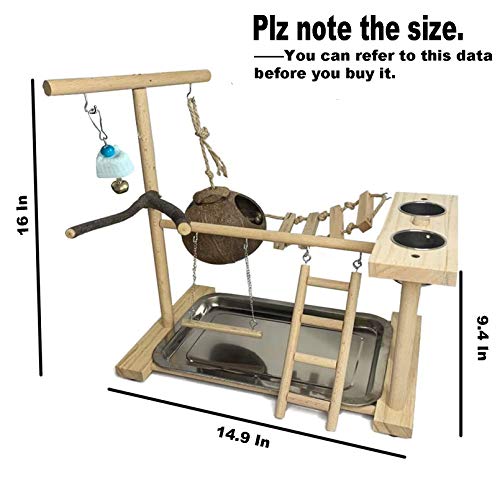Parrots Playground Bird Play Stand Natural Wood Parrot Perch Gym Playpen Parakeet Nest with Feeder Cups Ladders Lovebirds Cage Accessories Toy Exercise Activity Center for Conure Cockatiel Lovebirds