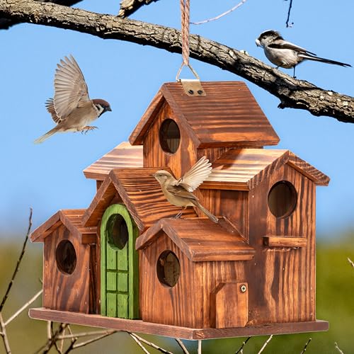 MIXUMON Bird House Outdoor, 6-Room Wooden Birdhouse for Outdoors & Outside, Carbonized Pine Wood Bird Houses with 1.57” Entrance & Easy Clean-Out Doors