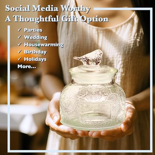 Decorative Flora Embossed Glass Jar with Glass Bird Lid, 25.4 fl. oz | Wide mouth vintage storage canister, kitchen pantry bathroom organization, coffee sugar tea cookie candy candle vase gift - size: 25.4 Ounces, style: Clear Flower - Bird Lid