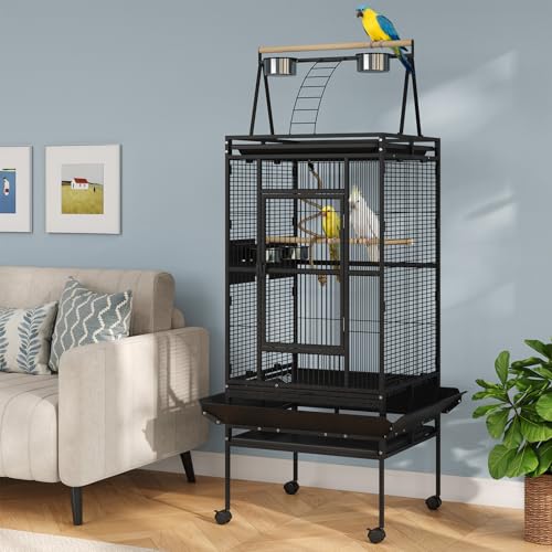 67-Inch Playtop Wrought Iron Large Parrot Bird Cages with Rolling Stand for Cockatiels Parrot Quaker Conure Parakeet Lovebird Canary Small Medium Parrot Cage Birdcage, Black | Wrought Iron Cage with Wheels, Rolling Parakeet Cage with Removable Tray for Co