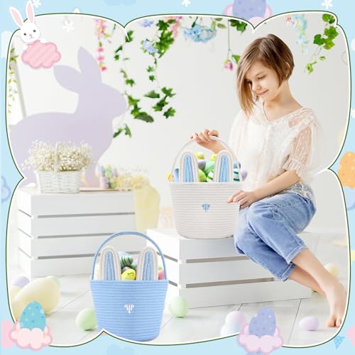 Colingmill 2 Pieces Easter Bunny Basket with Handle Woven Empty Rabbit Basket for Easter Egg Hunt Cute Candy Gifts Storage Party Favors Supplies(White, Blue) - color: White, Blue