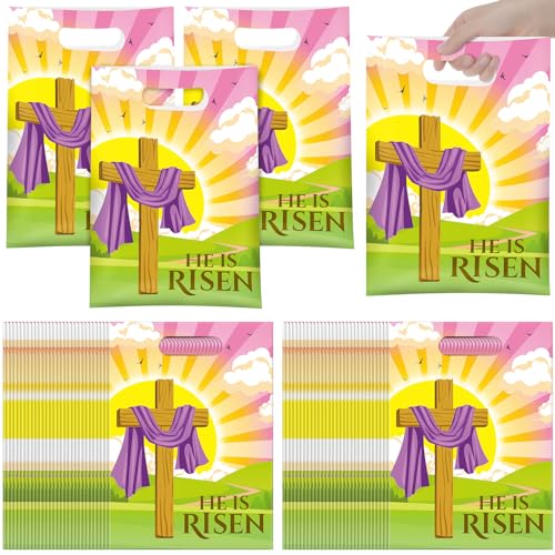 Oudain 60 Pcs Religious Goody Bags, Easter Treat Gift Bag with Handles, Christian Cross Plastic Candy Packaging Bags for Party Favor Easter Egg Hunting Game VBS Gift Packaging(Sun) - color: Sun