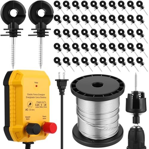 Electric Fence Charger Set 5 Mile 110VAC 0.25 Joule Electric Plug in Fence to Contain Chickens Pet Poultry 50 Black Insulator and 1 Socket Tool 250ft Aluminum Wire for Garden Pond Protection - style: 0.25 Joule