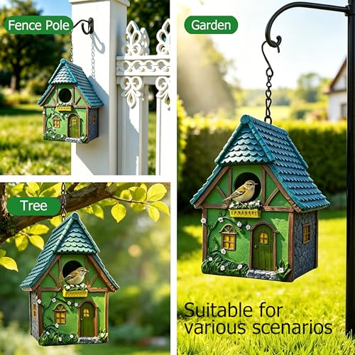 Resin Green House Hanging Bird House for Outside, Hand-Painted Resin Birdhouse with Flower & Vine Details, Weatherback Bird Hut for Garden, Patio, Tree Decor, Bird Nest for Small Wild Birds