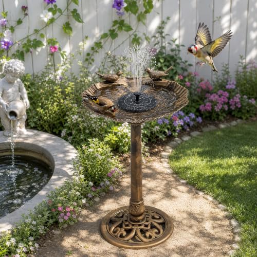 Athena Collection 31.5" Solar Powered Pedestal Bird Bath Fountain, Bronze | Detachable Solar Fountain Broad, 6 Spray Patterns, 5L Water Large Capacity，3 Ground Nails Included for Garden Yard Lawn - color: Bronze