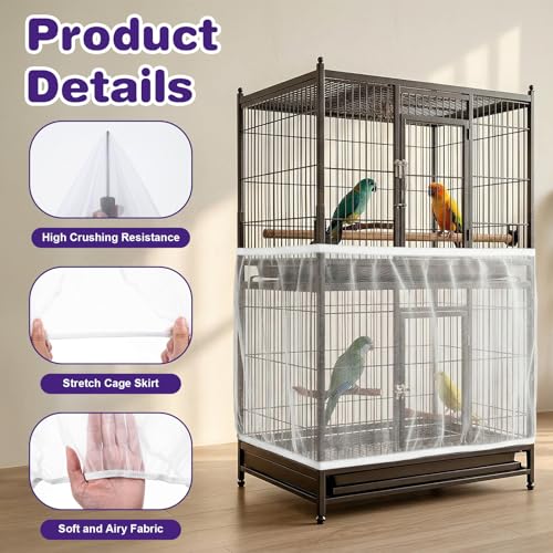 Bird Cage Cover, Large Breathable Nylon Mesh Seed Catcher Birdcage Guard with Adjustable Elastic Skirt for Prevents Seed Mess, Universal Birdcage Accessories for Parrot, Budgie, Cockatiel