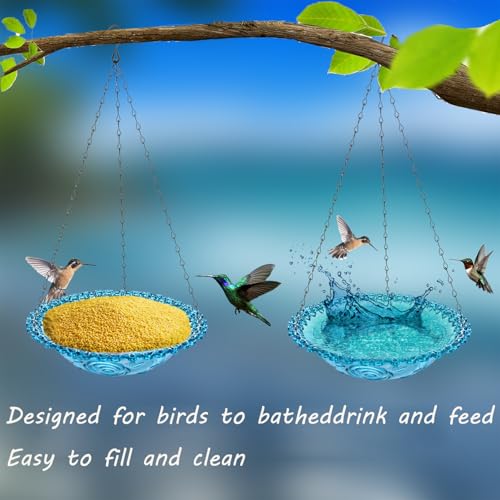 2-Pack Hanging Plastic Bird Bath and Feeder Bowls, Blue | Two hanging bowls serve as shallow bird baths, water dishes, or seed trays for gardens, patios, yards, and balconies. - color: Blue