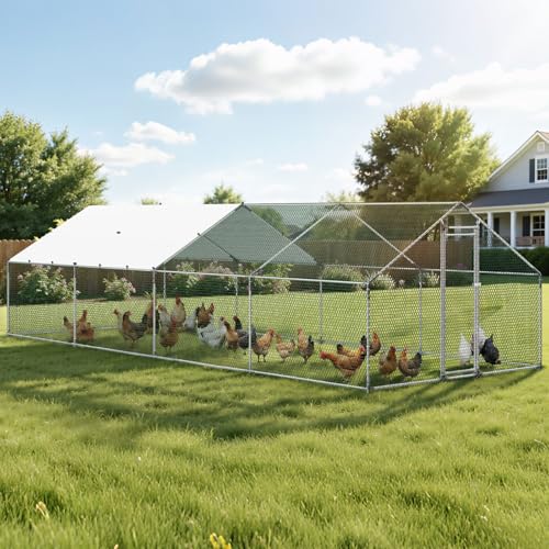 VEVOR Large Metal Chicken Coop with Run, 9.8x26.5x6.5 ft Walk-in Chicken Runs for Yard with Cover, Spire Roof Hen House with Security Lock for Outdoor and Backyard, Farm, Duck Rabbit Cage Poultry Pen - size: 314.9"L x 118.1"W x 78.7"H