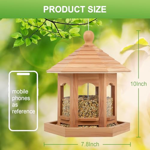 Wooden Bird Feeder for Outdoors Hanging, Red Cedar Hexagon Shaped Large Capacity, Cardinal Birdfeeder for Garden Decoration Yard, Weatherproof and Durable(Medium) - size: Medium