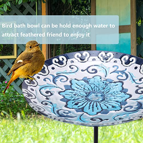 Glass Bird Bath, Garden Outdoor Birdfeeder with Metal Stake, Blue | Birdbaths with metal stand to attract cardinals and blue jays wild birds and beautify outdoor flower gardens decor - color: Blue