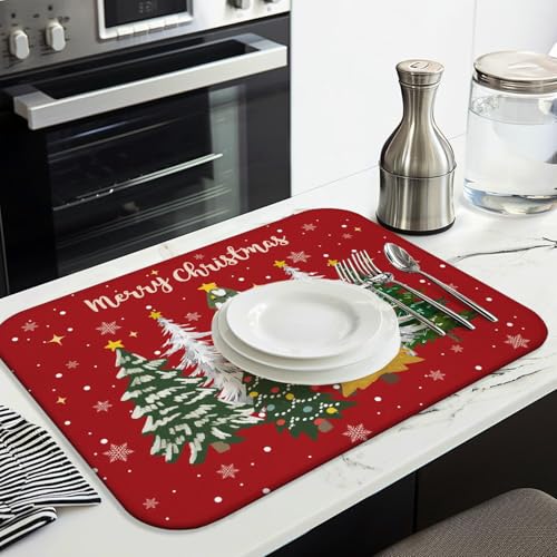 Christmas Kitchen Countertop Dish Drying Mat, Red Christmas Tree Snowflake Pattern Microfiber Kitchen Drying Mat, Washable Absorbent Countertop Xmas Winter Holiday Dish Mat Drainer,18x24Inch - color: christmas, size: 18" x 24"