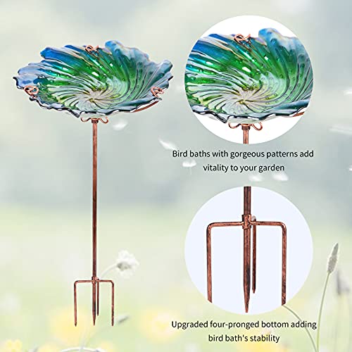 26" Glass Bird Bath, Outdoor Birdbath Bird Feeder Green Flower Metal Stake | Bird Bath for Outside with Stable Metal Stake, Attracts Birds for Bathing and Adds Elegant Outdoor Garden Decor - color: Green
