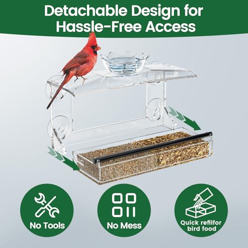 DY-SKTY Clear Acrylic Window Bird Feeder with Strong Suction Cups, Detachable Tray – Easy to Clean, Birds Viewing for Cats, Outdoor Wild Bird Watching Gift, Outside Garden Decor