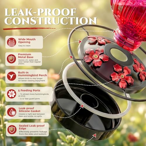Glass Hummingbird Feeder for Outdoors Hanging, 26 fl oz Bird Nectar Feeder | Metal Flower Feeding Ports, 360° Perch Ring, Easy Refill Clean, Leakproof, Ideal for Backyard, Garden Decor, Purple & Red - color: Purple-Red Gradient