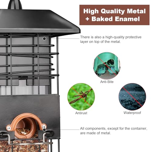 Squirrel Proof Bird Feeder, Hanging Feeder with Gravity Protection | 2.5 LB Large Capacity, Metal Feeders for Outdoors/Garden/Courtyard，4 Feeding Ports for Attract More Small Wild Birds, Black
