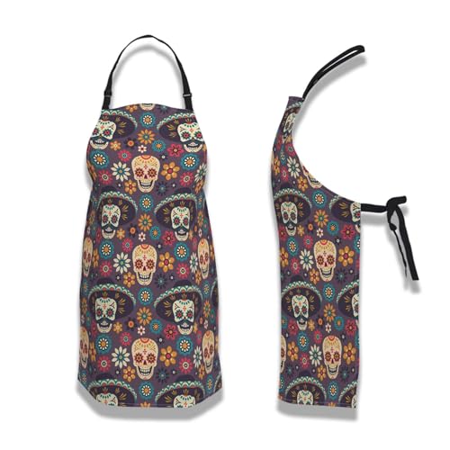 Chef Apron for Men Mexican Sugar Skulls Flowers Craft Aprons for Women for Kitchen Cooking Restaurant BBQ Painting Crafting 27” (W) x 31” (H), Waterproof Aprons - color: Mexican Sugar Skulls Flowers
