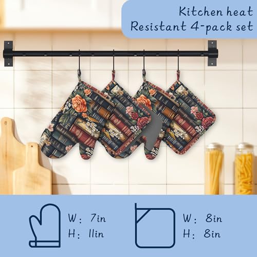 Retro Books Pot Holders and Oven Mitts,Vintage Flowers Oven Mitts Heat Resistant Cotton Lining Anti-Slip Silicone Kitchen Mitts Set Hot Pads for Microwaves Cooking Baking Grilling - color: Retro Books