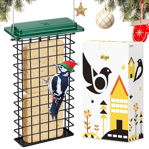 iBorn Metal Double Suet Feeder,Durable Suet Cake Cage Bird Feeder for Outdoors Hanging，Metal Roof Bird Feeder with Taller Grid for Woodpeckers,Large Suet Holder,Easy Clean & Refill,1 Pack,Green - color: Green, size: Double Capacity