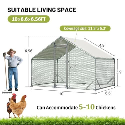 Metal Chicken Coop 10×6.6×6.56FT,Chicken Run Pen with Spire Roof,Water-Proof and UV-Proof Cover,Secure Mesh Walk-in Hens Fence with Lockable Door,Poultry Cage for Small Animal Like Hens,Ducks,Rabbits - size: 120.0"L x 79.0"W x 79.0"H