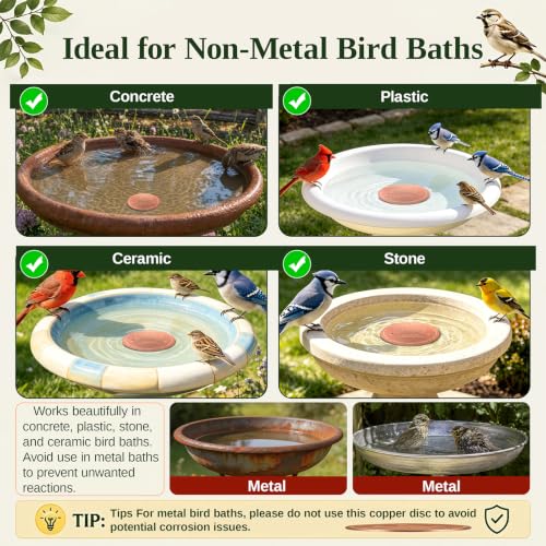 Copper Disc for Bird Bath, 99.9% Pure Copper (Two Birds) | 3‑Point Stable Base, Fits Bird Baths & Bowls, Reduces Mineral Buildup, Gift for Bird Lovers, Outdoor Garden Use - color: Copper Two Birds