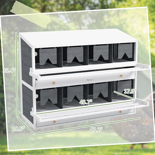PawHut Chicken Nesting Box Wooden for 16-32 Chickens, 8 Compartments, Gray | Roll Out Lay Nesting Boxes, 2 Egg Collection Trays, 4 Perches, for Chicken Coop, Chicken Run
