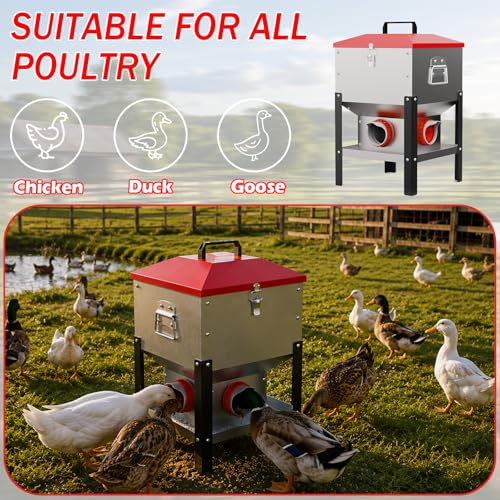 35LB Large Automatic Chicken Feeder- 4 Ports Metal Chicken Feeders, Dual No Waste Design with Locking Lid & Riveted Handles, Rainproof Poultry Feeder for Chickens, Ducks, Geese
