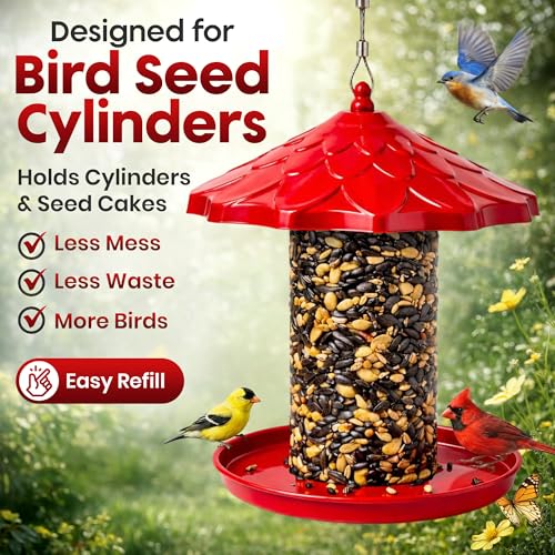 Cylinder Bird Feeder for Outdoors - Hanging Metal Bird Seed Holder | Rust Resistant Metal, Holds Bird Seed Cylinders, Logs & Cakes Up to 6 Inches, 360° Feeding, Easy to Clean