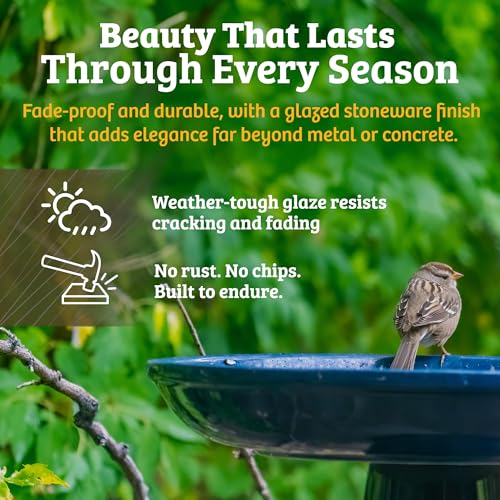 Birds Choice Ohio Stoneware Pedestal Bird Bath | 22in x 17in | Blue | Weather-Resistant Glazed Ceramic Clay, Stable Locking Top, Suits Outdoor Gardens and Patios - color: Summer Blue