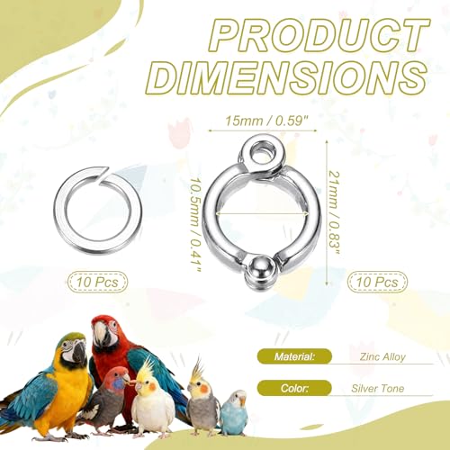 Bird Foot Rings, Parrot Metal Leg Ring Outdoor Fly Training Activity Opening Clip Accessories 10.5mm/0.41" ID, (Silver Tone, 10 Set), Intended for Small Medium Large Birds - size: 10.5mm/0.41" ID