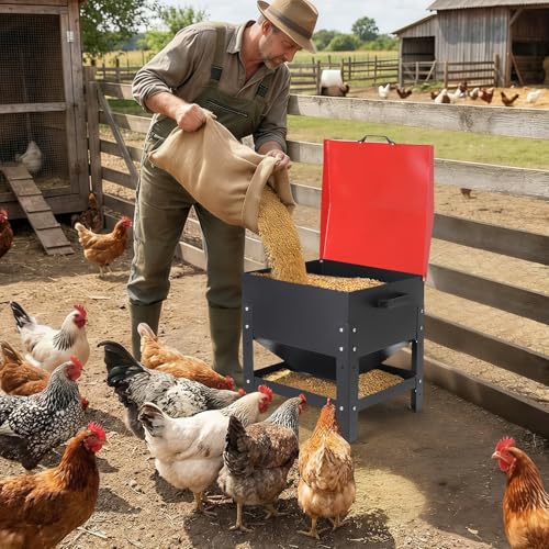 Metal Chicken Feeding Box, 80 lbs Large Capacity, Portable Feeder, Red | Galvanized Steel, Waterproof Lid, No Waste Automatic Poultry Feeder for Ducks, Hens and Roosters, Standing for Chicken Coop