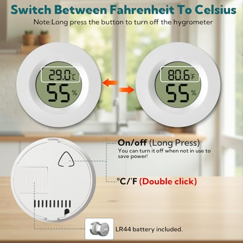 4-Pack Mini Hygrometer Thermometer Digital Humidity Meter Indoor/Outdoor Humidity Monitor with Temperature Sensor for Reptile Terrariums, Jars - Fahrenheit/Celsius White