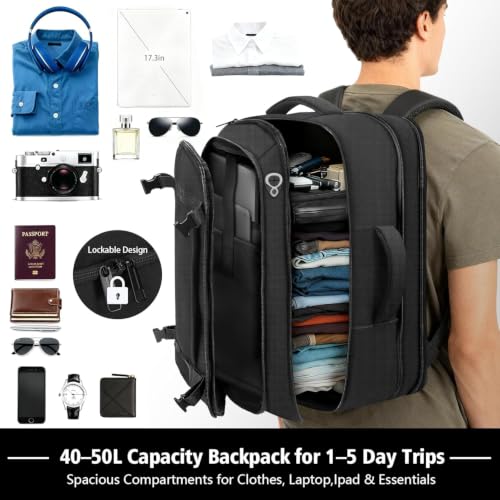 Travel Backpack with LifetimeWarranty,Expandable Carry on Backpack,Black | Expands 35L to 45L,Fits 17.3"Laptop Notebook,Water Resistant Weekender Backpack Business Trips Cable Access Port,Daily Travel - color: Black, size: Standard（35L-45L）