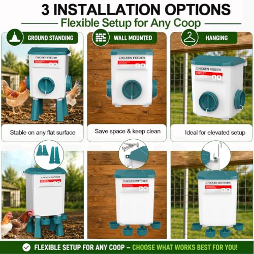 Chicken Feeder and Waterer Set, Automatic No Waste Poultry Feeding System, 17 lb Feeder & 7L Waterer, 4-in-1 Chicken Coop Kit with Vegetable Holder for Chickens, Ducks & Quail
