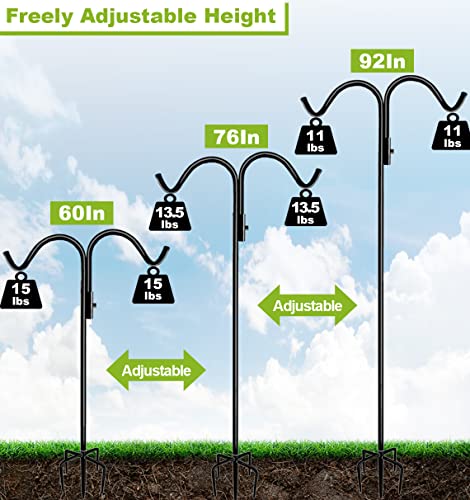 92 Inch Double Shepherd Hook Stand, Outdoor Bird Feeder Adjustable | Two Sided Garden Bird Feeder Pole Holder for Birdhouse Planter Solar Light Lantern, Black, 1 Pack - size: 92in-1pcs