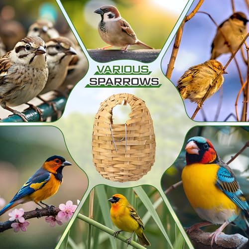 Sliner 8 Pcs Bamboo Bird Nest, Hand Woven Finch Nest for Cages, Natural Small Bird House Shelter Hideout Cage with Metal Hook, Hanging Hut Nesting Box Garden Yard Home Decor for Outdoor(5.9 Inch) - size: 5.9 Inch