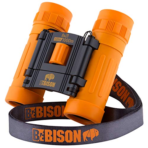 BeBison Binoculars for Kids - 8x21 High Resolution Real Optics - Compact Folding Shockproof Kids Binoculars for Bird Watching - Spy Games - Outdoor Play for Boys and Girl - color: Orange