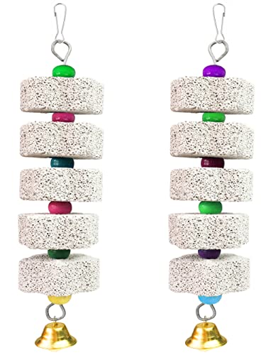2Pcs Bird Beak Grinding Stone, Mineral Block for Birds, Chewing Toy | Easy Hanging African Grey Toys with Bells, Lava Block Calcium Supplement Food for S/M Birds Cockatiel Hamster Chinchilla