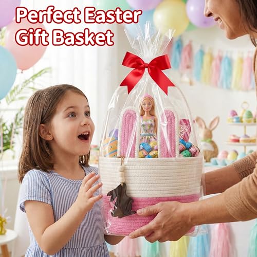 Pro Goleem Easter Basket for Kids, Adorable Woven Egg Hunt Bucket with Handle, Soft First Easter Gift Tote Bag, Nursery Toy Storage Bin with Tag(Pink) - color: white&pink