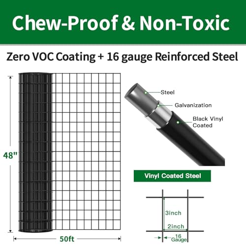 Amagabeli Black PVC Coated Welded Wire Fence 48inch x 50ft 2 Inch x 3 Inch 16 Gauge Chicken Wire Mesh Roll Metal Garden Border Fencing for Yard Vegetable Plant Protection Poultry Netting Cage - size: 2''x3'' 16GA 48''x50'