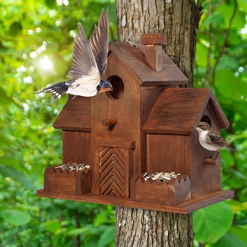 MIXUMON Bird Houses for Outside with Bird Feeder, Outdoor 3 Hole Bird House Room for 3 Bird Families Bluebird Finch Cardinals Hanging Birdhouse for Garden (Style 12)