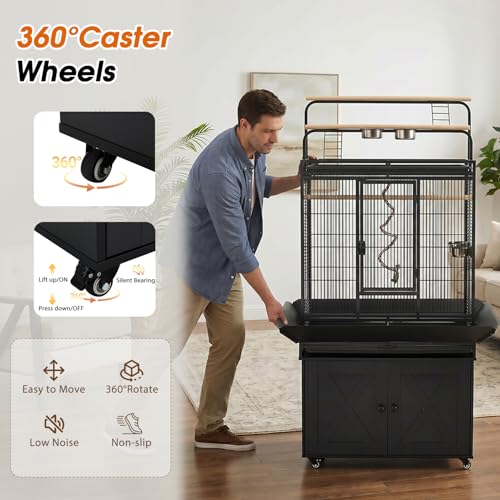 70" Large Bird Cage with Play Top, Metal Parrot Cage with Storage Cabinet | Tall Big Bird Flight Cage with Pull-Out Tray, Feeders, Cover, Stand, Rope, Aviary for Macaw Parakeet Cockatiel Budgie, Black