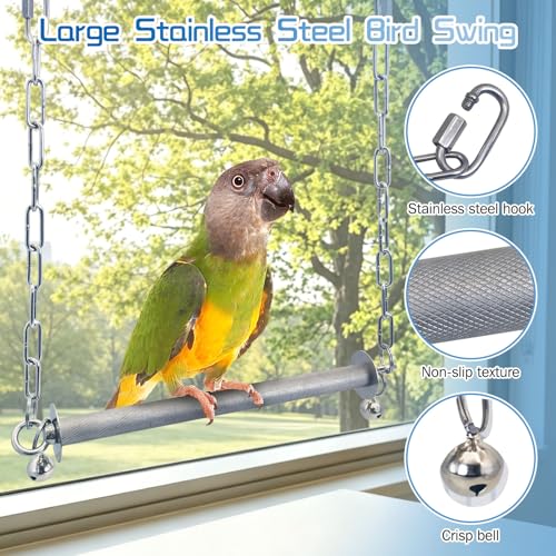 Bird Swing Stainless Steel Parrot Swing Parakeet Perch Stand Toy Hanging Birdcage Accessories for Parakeets Cockatoos, Green Headed Parrots Macaws African Grey Parrots