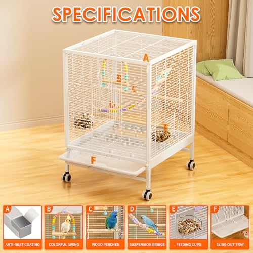 Bird Cage with Stand and Wheels, Parakeet Cage for Small Birds | 18.89"x18.87"x25.59" bird habitat with flight design, rolling stand, full view wire structure and easy access doors - size: 18.9"L x 18.9"W x 25.6"H
